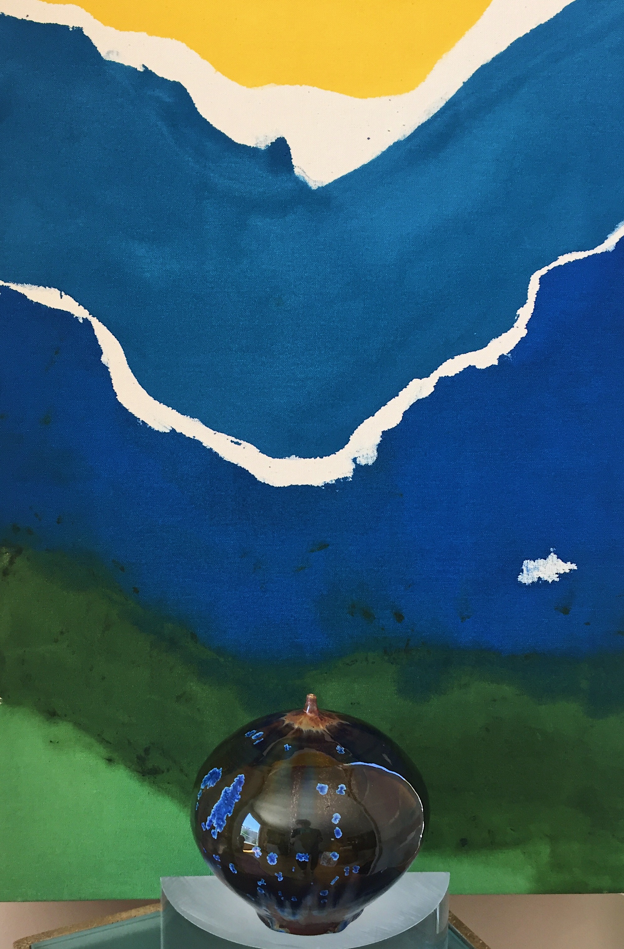Expansive Yellow with Ceramic Vessel, acrylic on canvas, 65"x19.5"