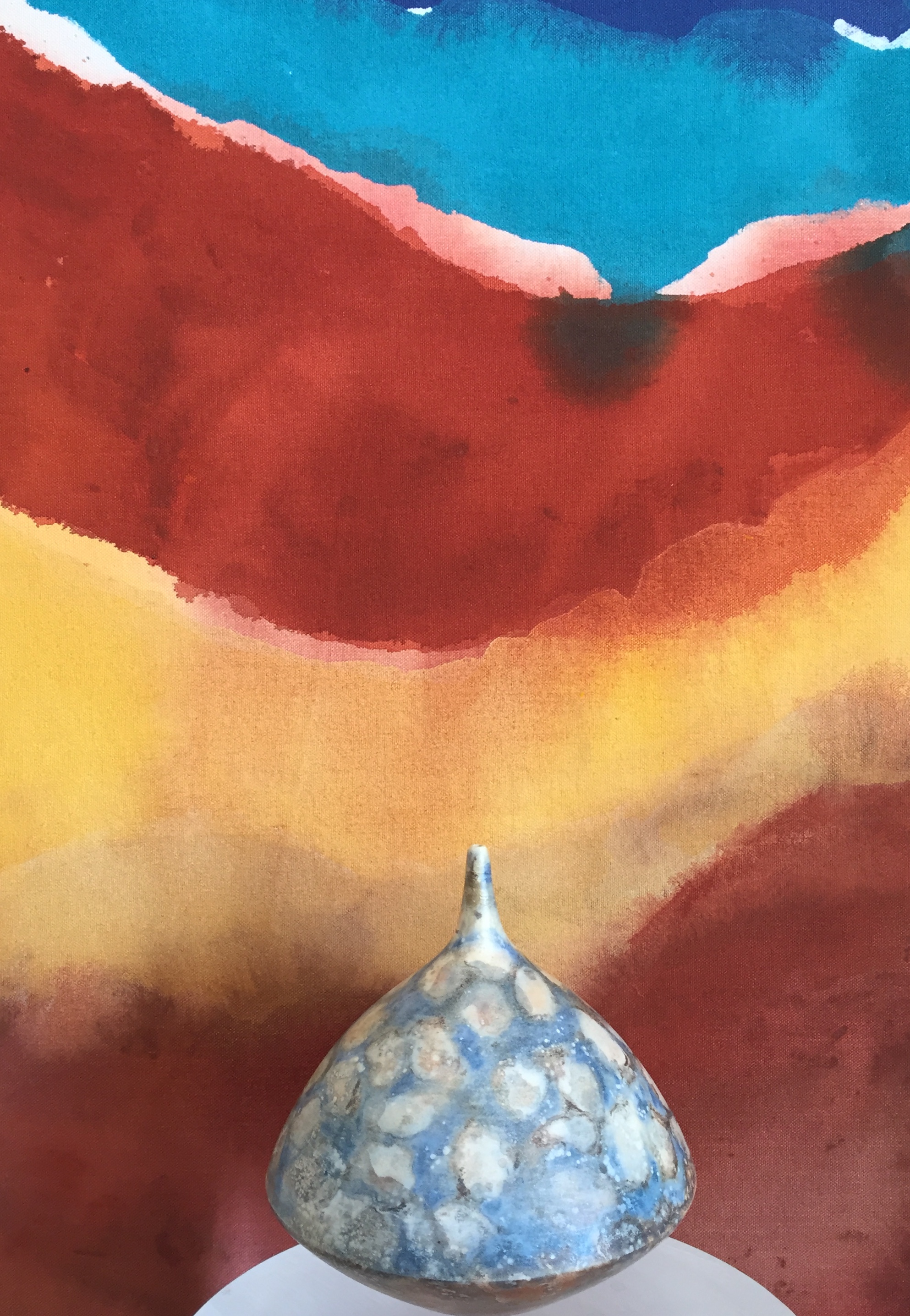Turquoise Horizon with Ceramics Vessel, acrylic, 65"x15"